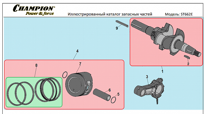 9 ПОРШЕНЬ -ЦИЛИНДР -КОЛЕНВАЛ- КОЛЬЦА | СНЕГОУБОРЩИК CHAMPION ST662E